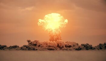 3d rendering of massive nuke bomb test explosion with film look|Peace