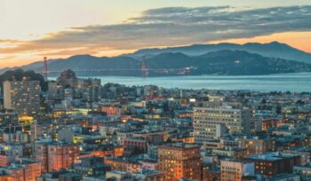 San Francisco and Golden Gate Bridge at sunset