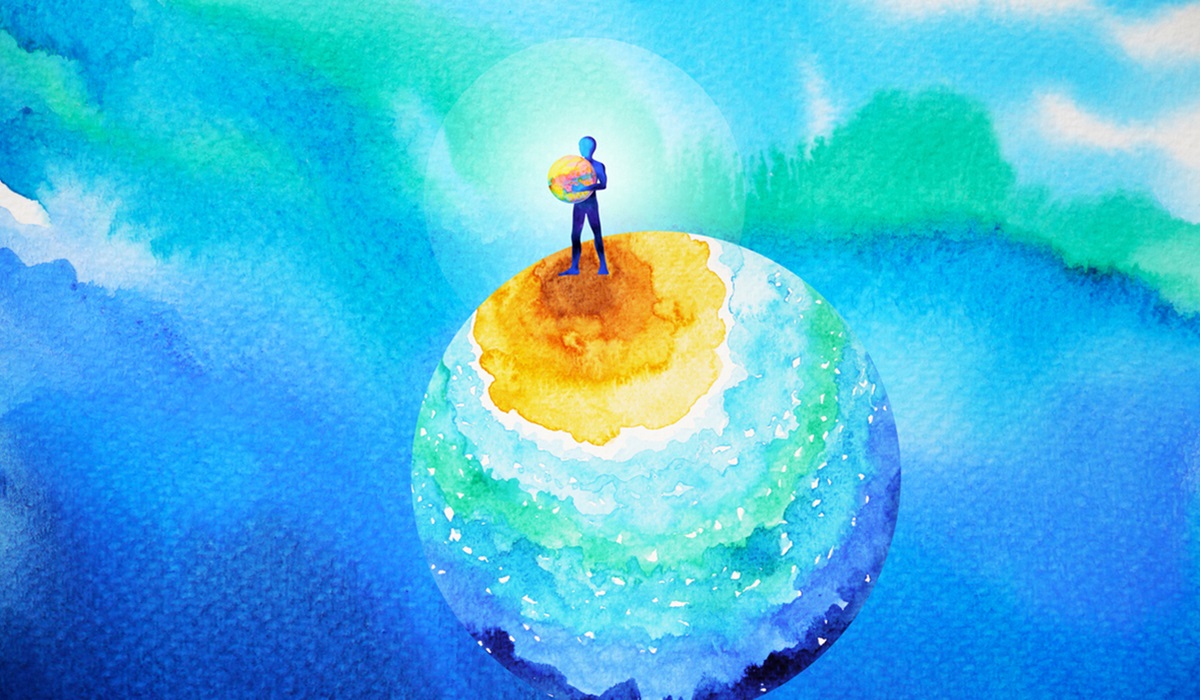 A watercolor painting of a person standing on the earth (representing the purpose of a thriving life)