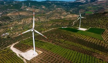 Wind turbines on a farm